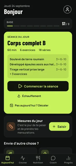 L'écran du jour : la séance prévue, la récupération musculaire et les mesures à prendre.