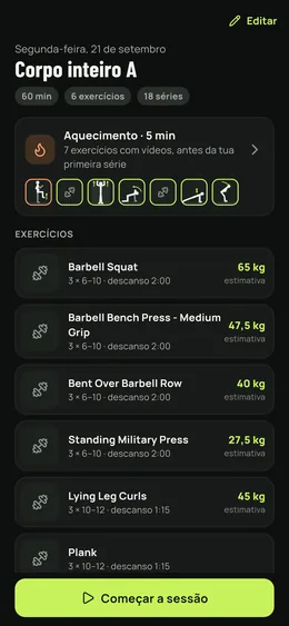 O detalhe de uma sessão: aquecimento, exercícios, séries e cargas.