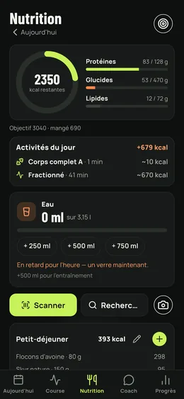 La journée alimentaire : calories restantes, macros, repas et activités.