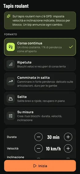 Scelta dell'allenamento sul tapis roulant