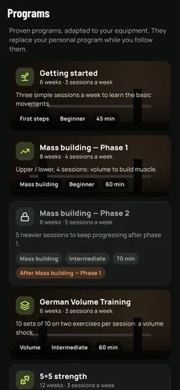 The list of programmes, with length, level and sessions per week