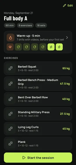 A session in detail: warm-up, exercises, sets and loads.