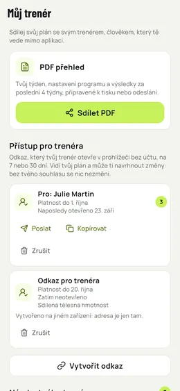 Sdílení s trenérem: PDF a odkazy