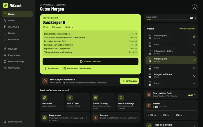 Der Tagesbildschirm am Computer: der Tag links, die Woche und die Serie rechts.