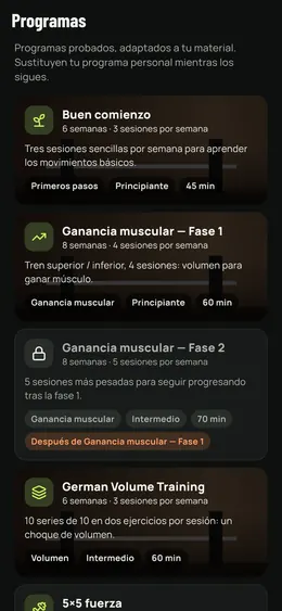 La lista de programas, con duración, nivel y sesiones por semana