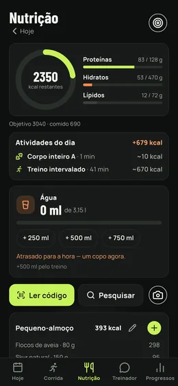 O dia alimentar: calorias restantes, macros, refeições e atividades.