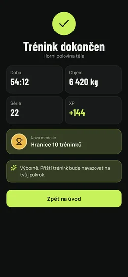 Konec tréninku: délka, tonáž, série, získané zkušenosti a medaile.