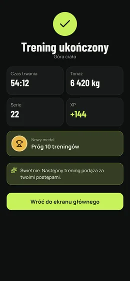 Koniec treningu: czas trwania, tonaż, serie, zdobyte doświadczenie i medal.